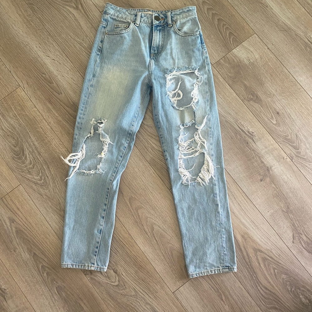ASOS Petite Blue Straight Leg Jeans Distressed